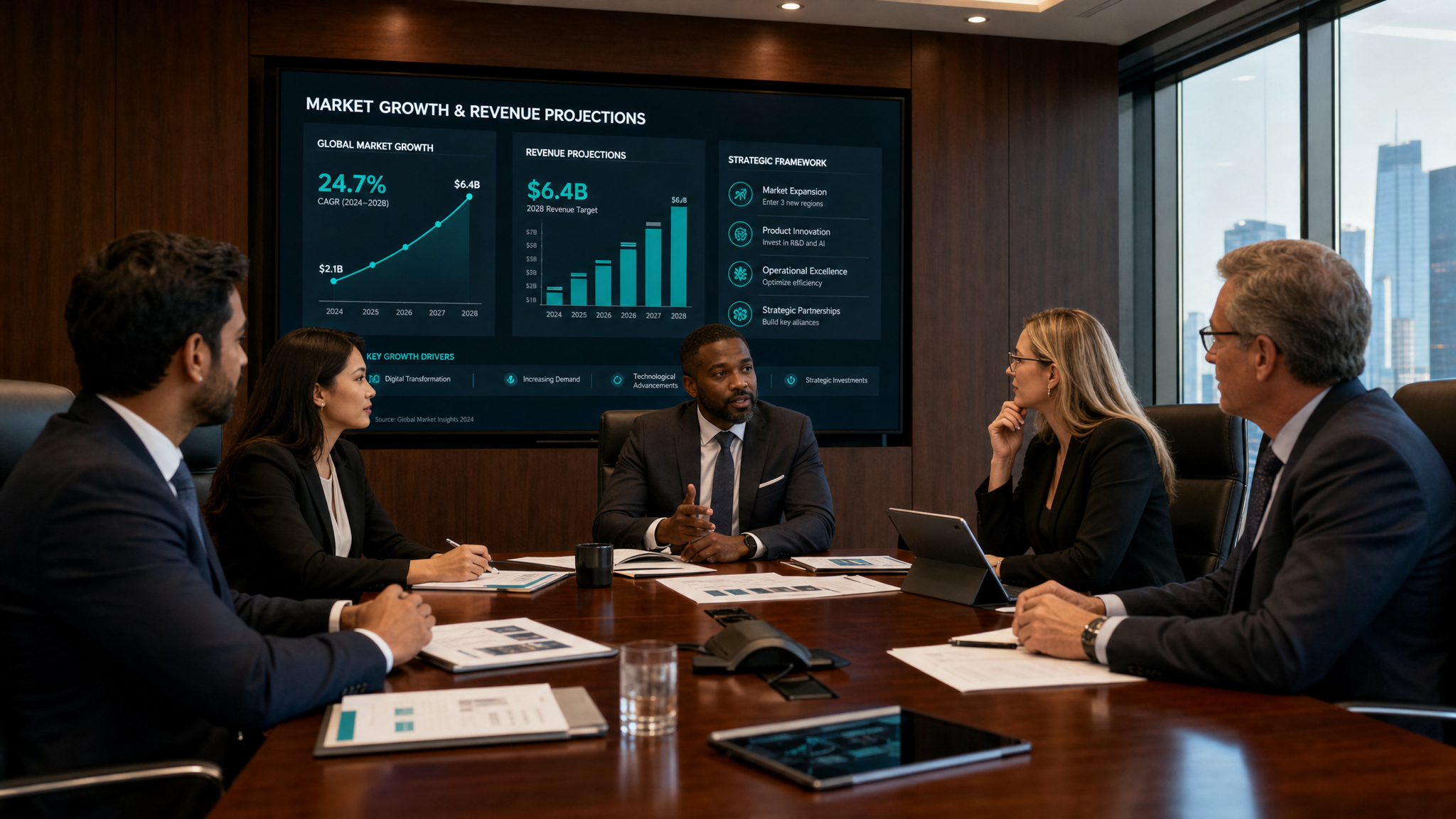 Business executives in strategy session reviewing growth opportunities