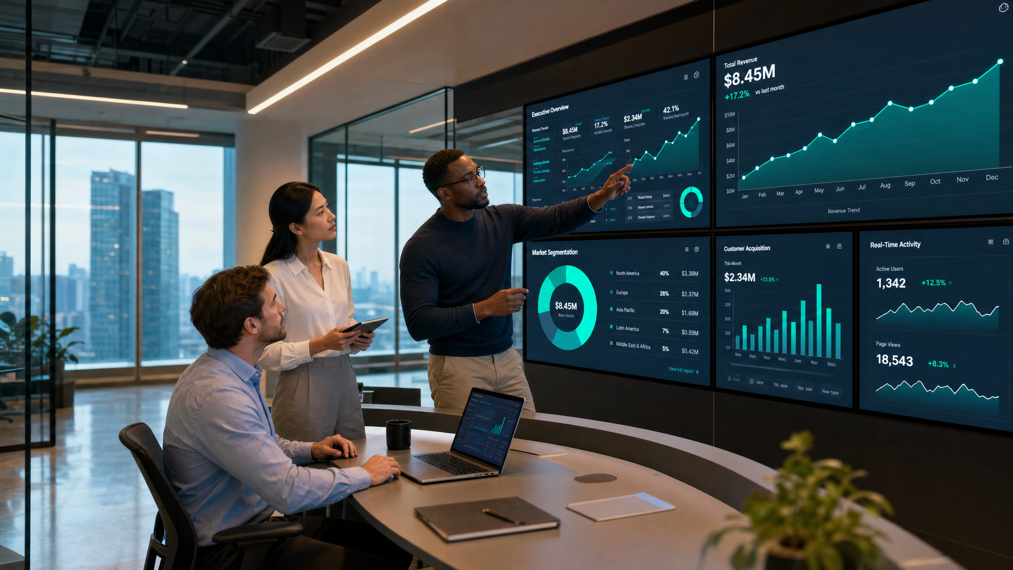 Market analysts reviewing growth dashboards and intelligence reports